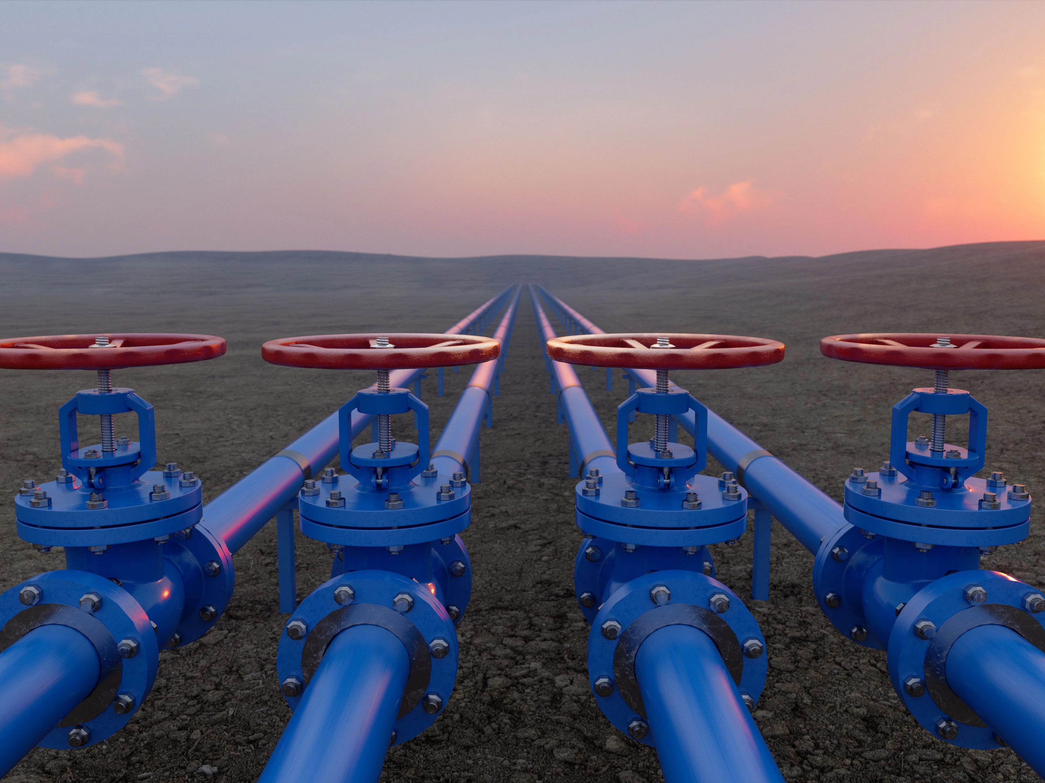 Oil Or Gas Transportation With Blue Gas Or Pipe Line Valves On Soil And Sunrise Background