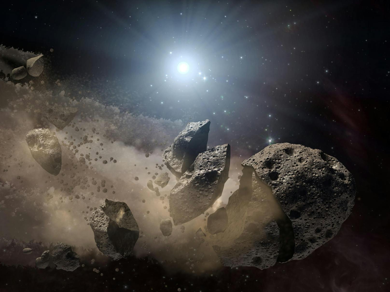 Ein Entwurf der NASA zeigt einen in mehrere Teile zerbrochenen Asteroiden. 2029 droht der Erde der Ernstfall.