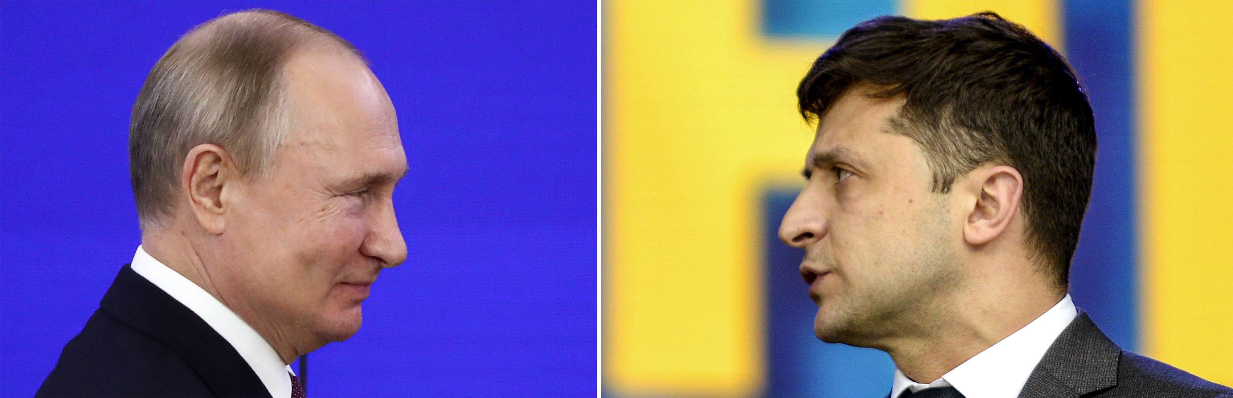 Download von www.picturedesk.com am 09.03.2022 (19:21).  (COMBO) This combination of pictures created on December 05, 2019 shows (FILES) In this file photo taken on November 04, 2019 Russian President Vladimir Putin attends an awards ceremony marking the National Unity Day at the Kremlin in Moscow. (FILES) In this file photo taken on April 19, 2019 Ukrainian presidential candidate Volodymyr Zelensky speaks during a presidential election debate at Olimpiyski stadium in Kiev. - When Vladimir Putin and Volodymyr Zelensky meet for the first time, it will be an encounter between two very different presidents -- one an establishment strongman with years of experience, the other a neophyte rebel just learning the ropes. The Russian and Ukrainian presidents will be holding their first face-to-face talks in Paris on December 9, 2019 at a summit with French President Emmanuel Macron and German Chancellor Angela Merkel on the conflict in eastern Ukraine. (Photo by Evgenia NOVOZHENINA and Sergei CHUZAVKOV / various sources / AFP) - 20191205_PD16067 - Rechteinfo: Rights Managed (RM) Nur für redaktionelle Nutzung! Werbliche Nutzung erfordert Freigabe: bitte schicken Sie uns eine Anfrage.