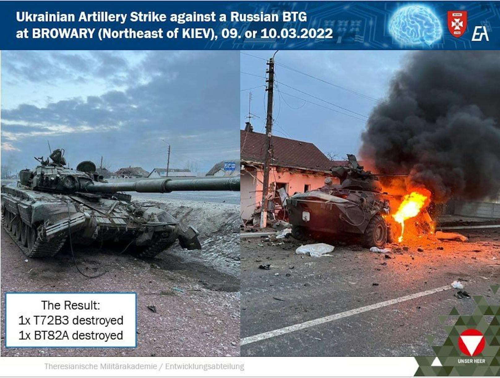 Mindestens zwei russische Panzerfahrzeuge wurden bei dem ukrainischen Angriff zerstört.