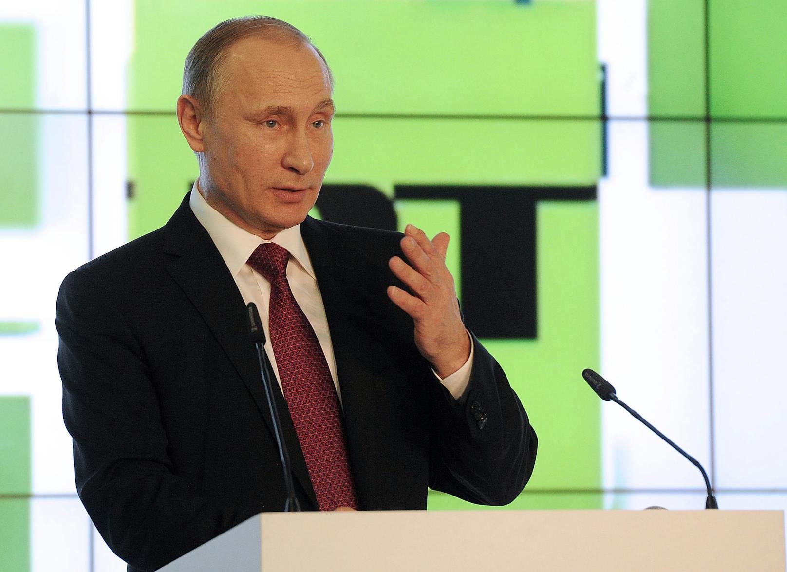 Wladimir Putin bei der Feier zum zehnjährigen Jubiläum von Russia Today bzw. RT im Dezember 2015.