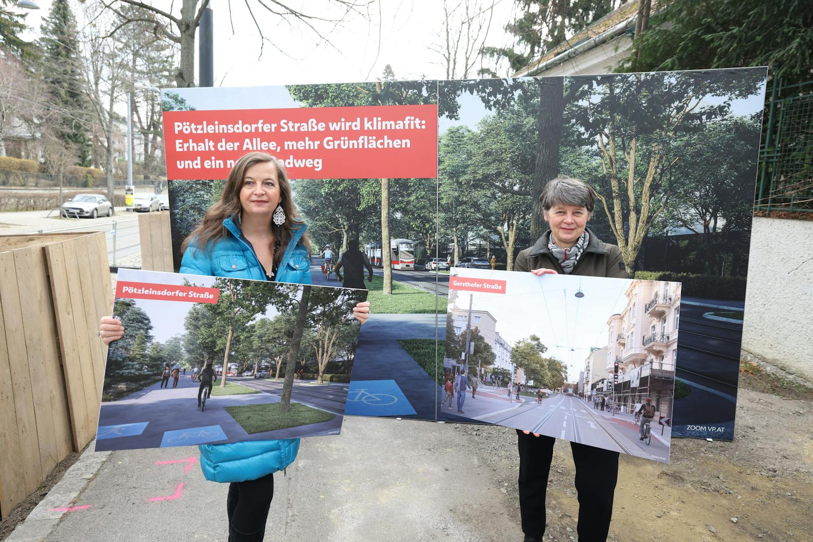 Die Pötzleinsdorfer Straße in Währing soll klimafit werden, sind sich Planungsstadträtin Ulli Sima (SPÖ, l.) und Bezirkschefin Silvia Nossek (G) einig.. 