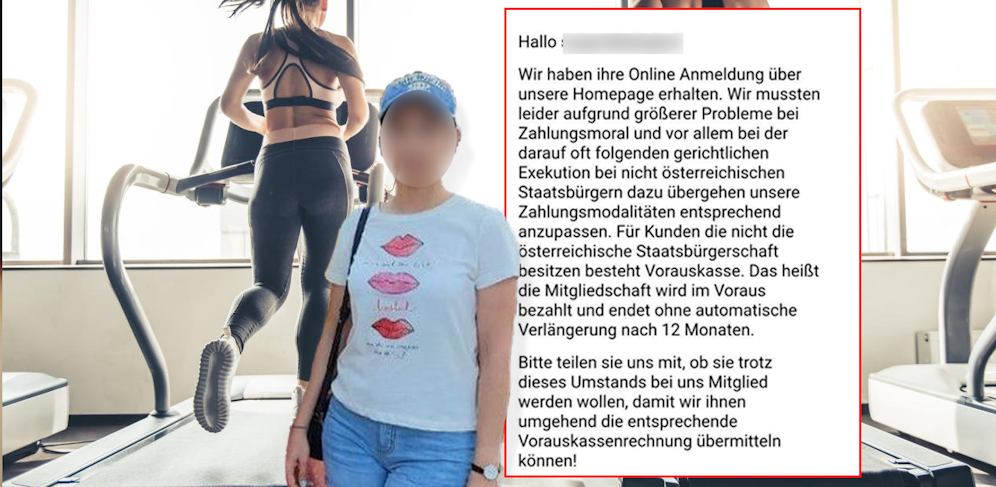 Diese Mail bekam eine Iranerin, als sie sich für ein Studio anmelden wollte.&nbsp;