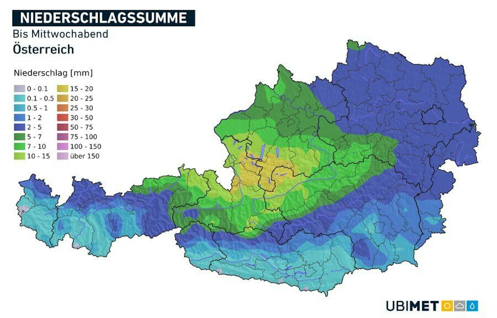 Niederschlagsprognose für Österreich bis Mittwochabend (16. März 2022).