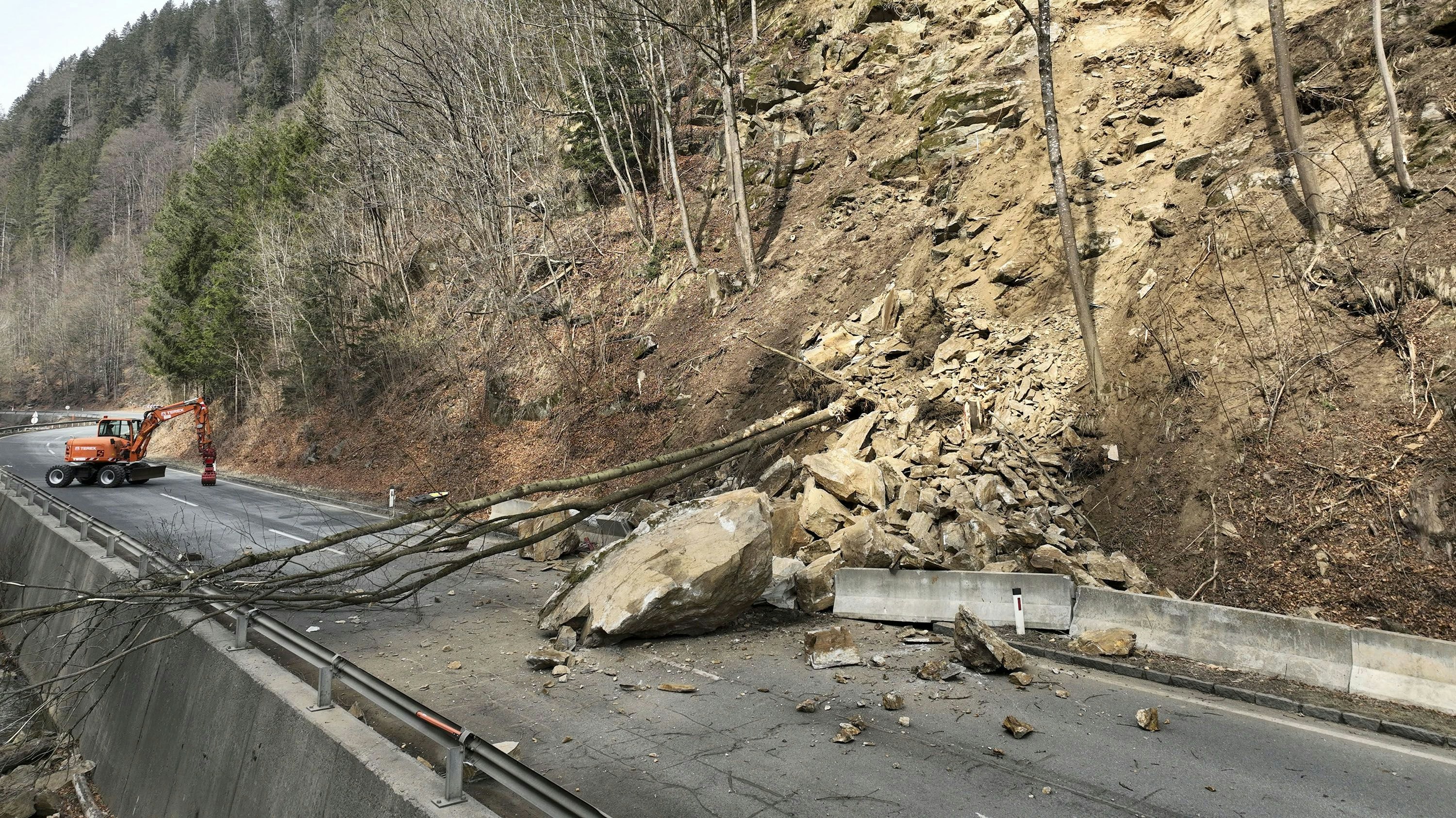 Bei Felssicherungsarbeiten löste sich plötzlich ein riesiger Brocken und erfasste zwei im Hang arbeitende Männer.