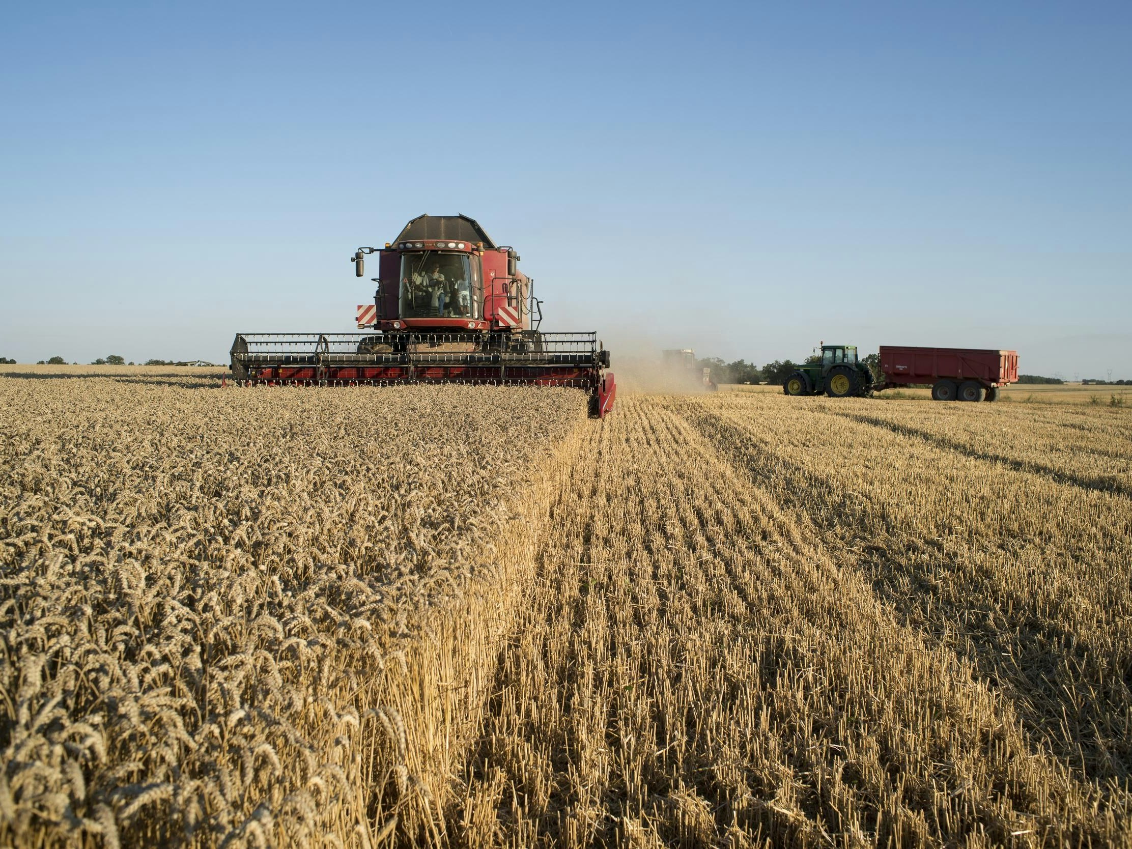 A combine harvester processing a field of wheat. Beauce Moisson d'un champ de blé. Merobert, Essonne.