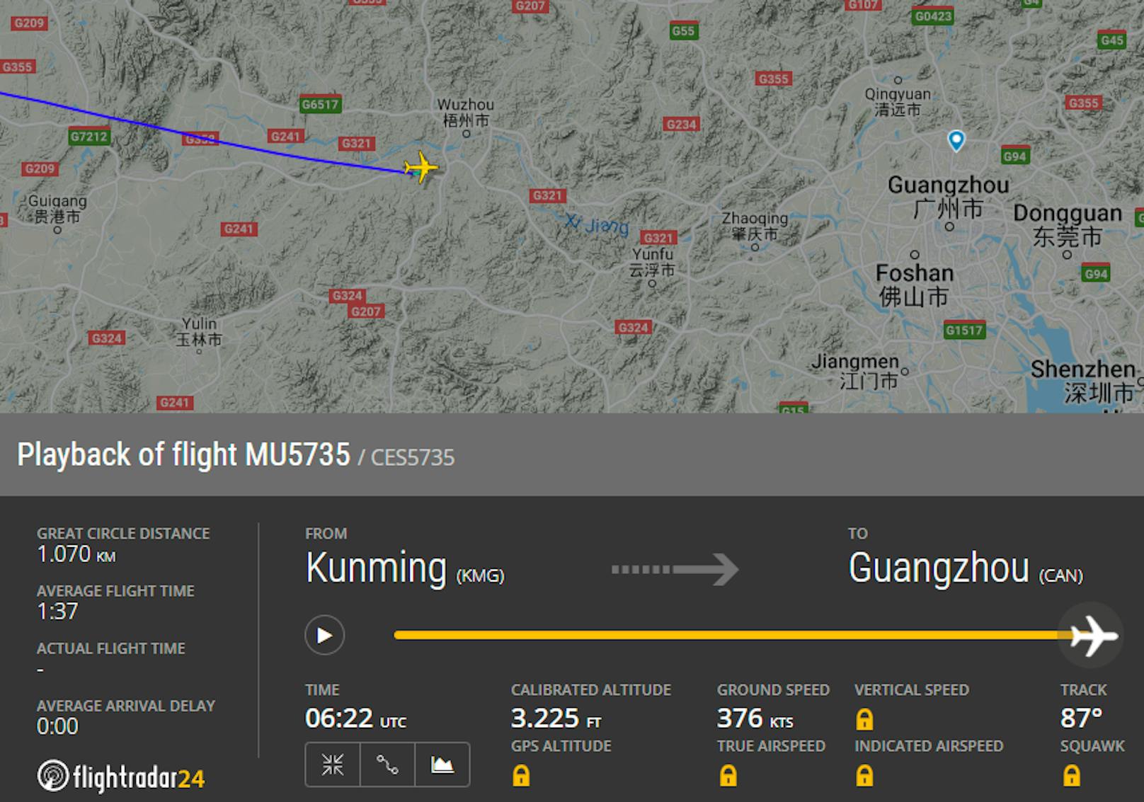 Das Flugzeug war von Kunming nach Guanzhou nordwestlich von Hong Kong unterwegs.&nbsp;
