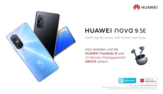 Beim Kauf eines Huawei nova 9 SE erhalten Kund:innen im Aktionszeitraum bis zum 17. April die Huawei FreeBuds 4i Kopfhörer und 12 Monate Displaygarantie kostenlos dazu.