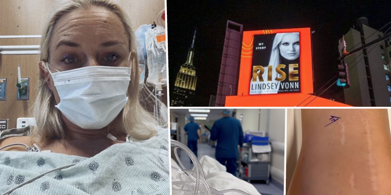 Lindsey Vonn zeigt Fotos aus dem Krankenhaus. Wenige Tage später freut sie sich über eine New-York-Werbefläche ihres Buches.