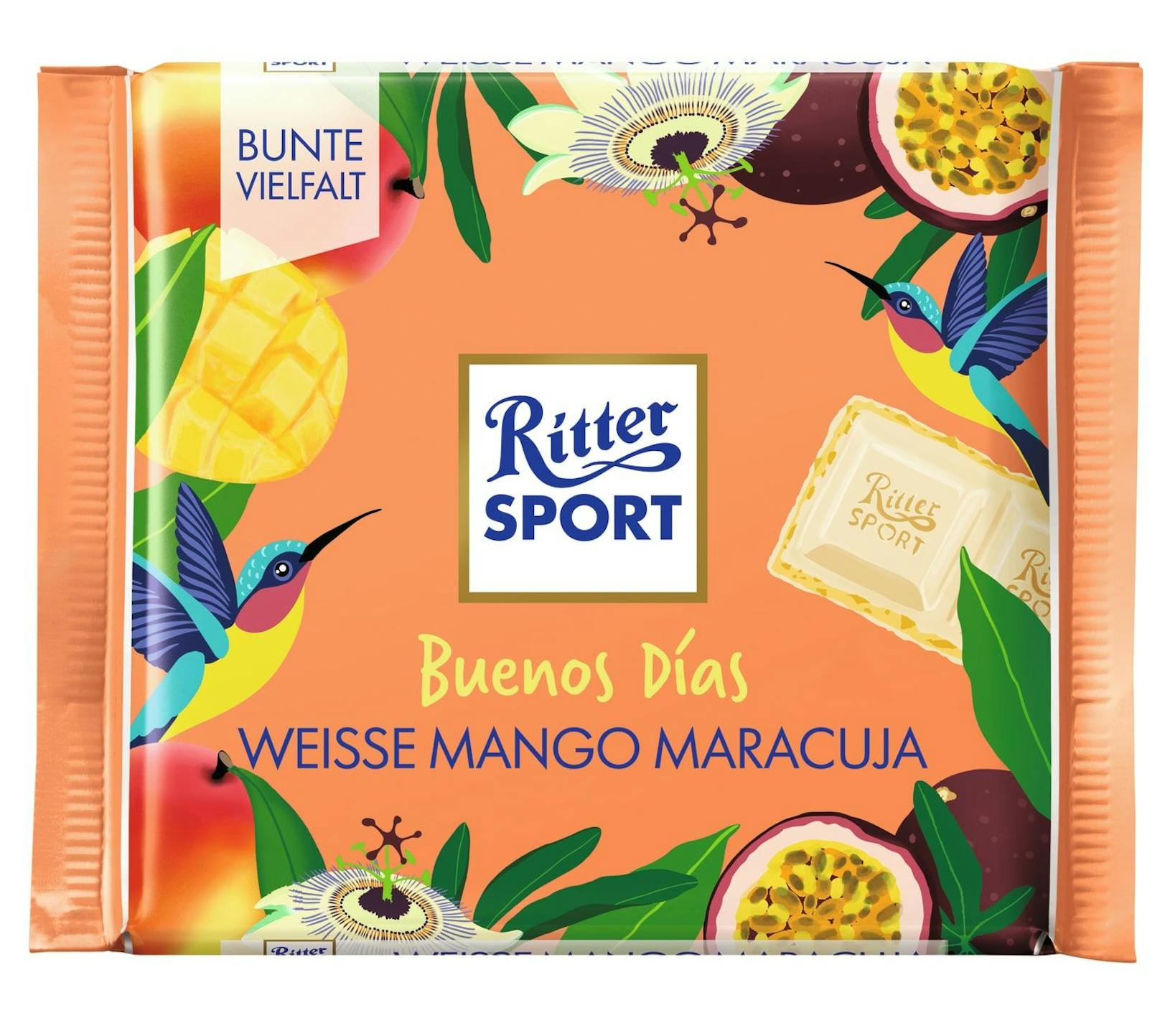 <strong><em>Weisse Mango Maracuja</em> – Geschmacksfiesta in un, dos, tres:&nbsp;</strong>Die dritte Sorte im Bunde ist RITTER SPORT-Fans bereits aus den beiden Vorjahren bekannt. Weiße Schokolade gefüllt mit fruchtiger Mango-Maracuja-Creme und Mango-Maracuja-Crisps.