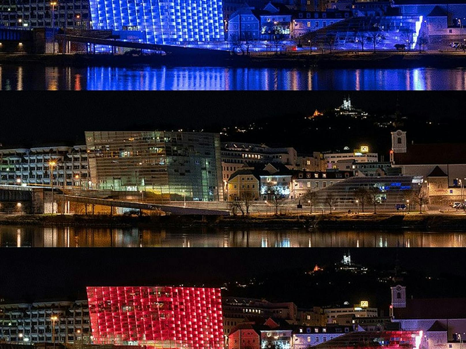 Auch das Ars Electronica Center wird im Rahmen der "Earth Hour" die Lichter abdrehen. Oben ein Foto mit blauer Beleuchtung, in der Mitte ohne Licht und unten mit roter Beleuchtung.