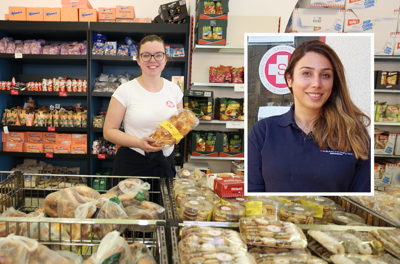 Parastoo J. (r.) kaufte früher bei Sozialmarkt-Filialleiterin Andrea Costea (l.) ein, nun arbeitet sie selbst dort.