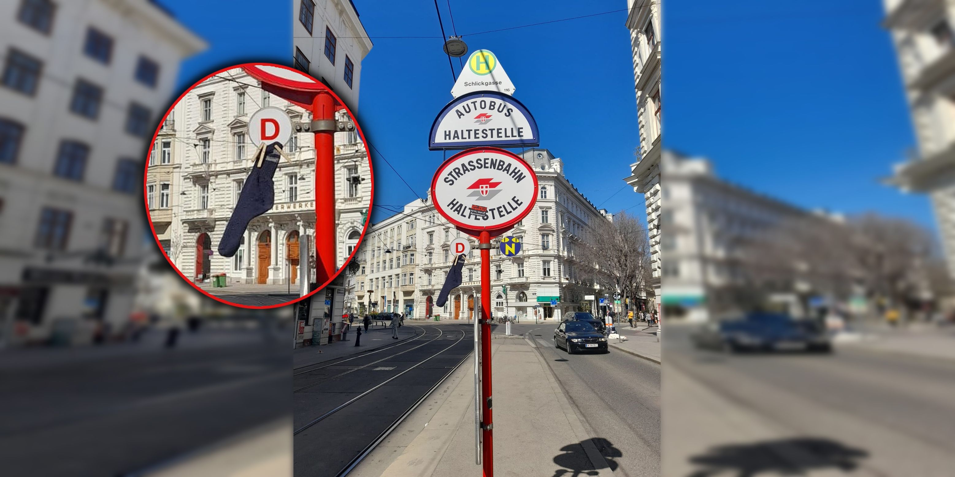 Einfallsreich: Die Bim-Haltestelle als Wäscheständer nutzen.