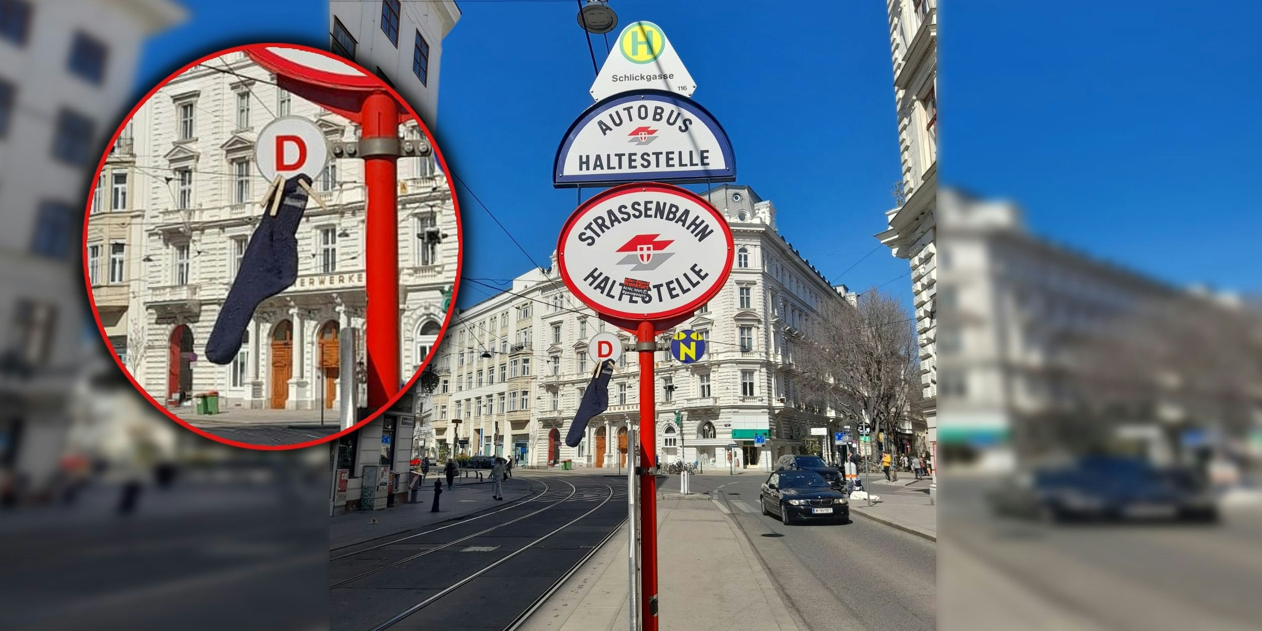 Einfallsreich: Die Bim-Haltestelle als Wäscheständer nutzen.