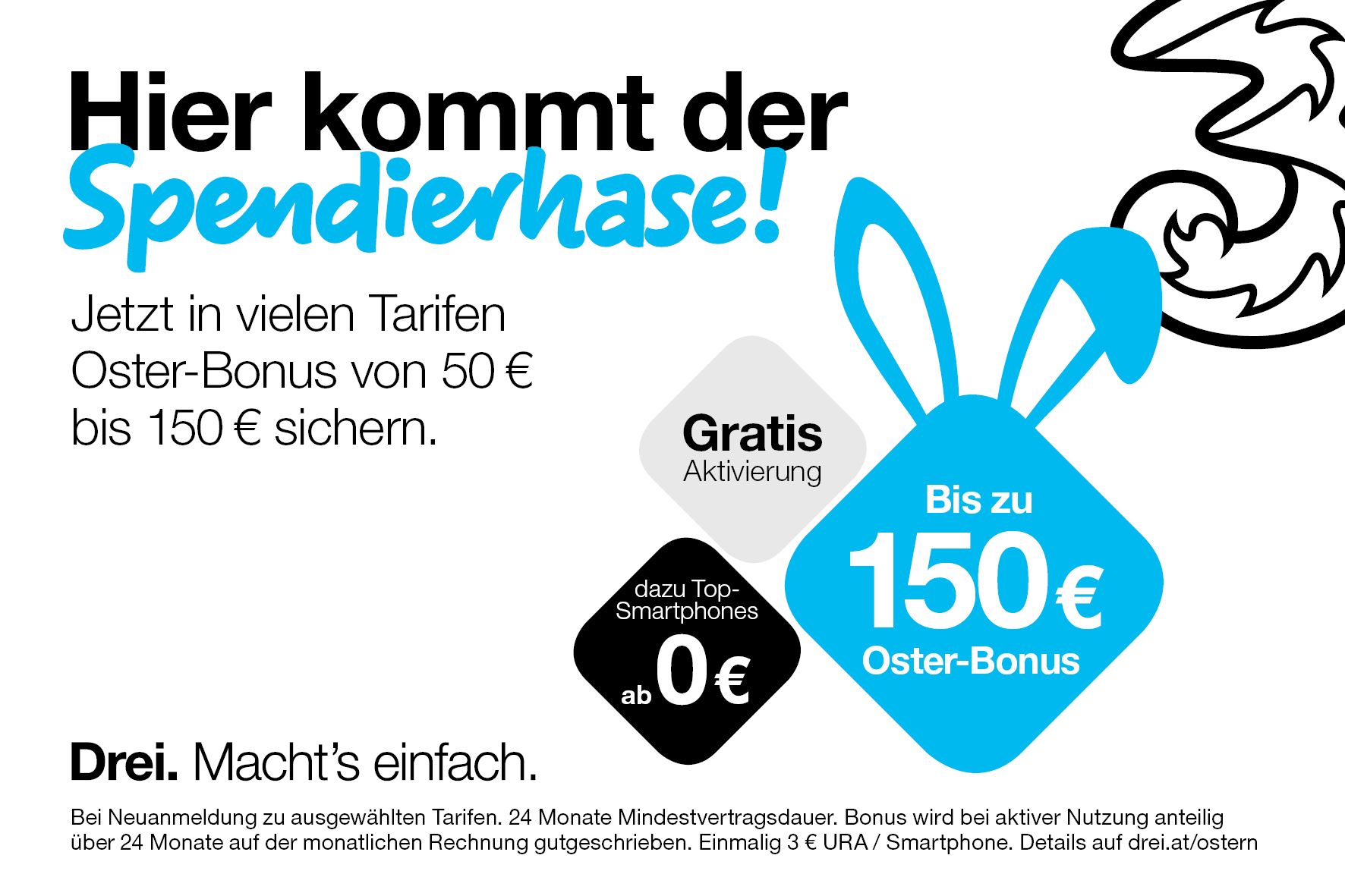 Drei: Bis zu 150 Euro Oster-Bonus für Sprachtelefonie-Neukunden.