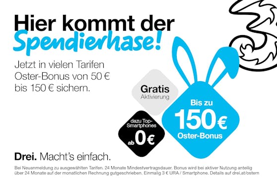 Drei: Bis zu 150 Euro Oster-Bonus für Sprachtelefonie-Neukunden.