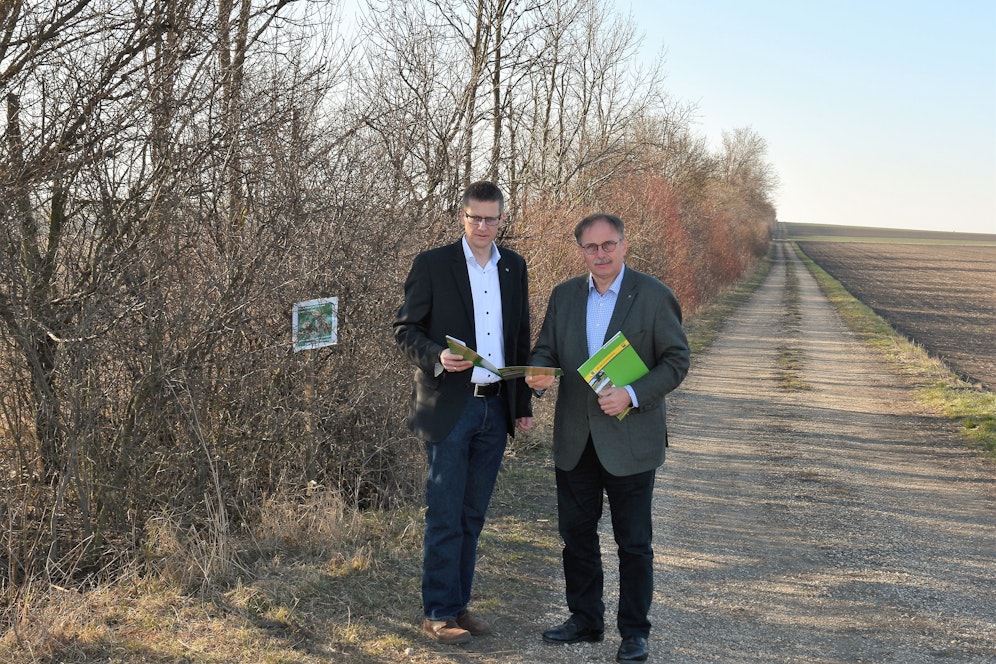 Landwirtschaftssprecher und Landtagsabgeordneter Richard Hogl mit dem Leiter der Agrarbezirksbehörde Hollabrunn Edgar Blumauer vor dem Windschutz in Immendorf.