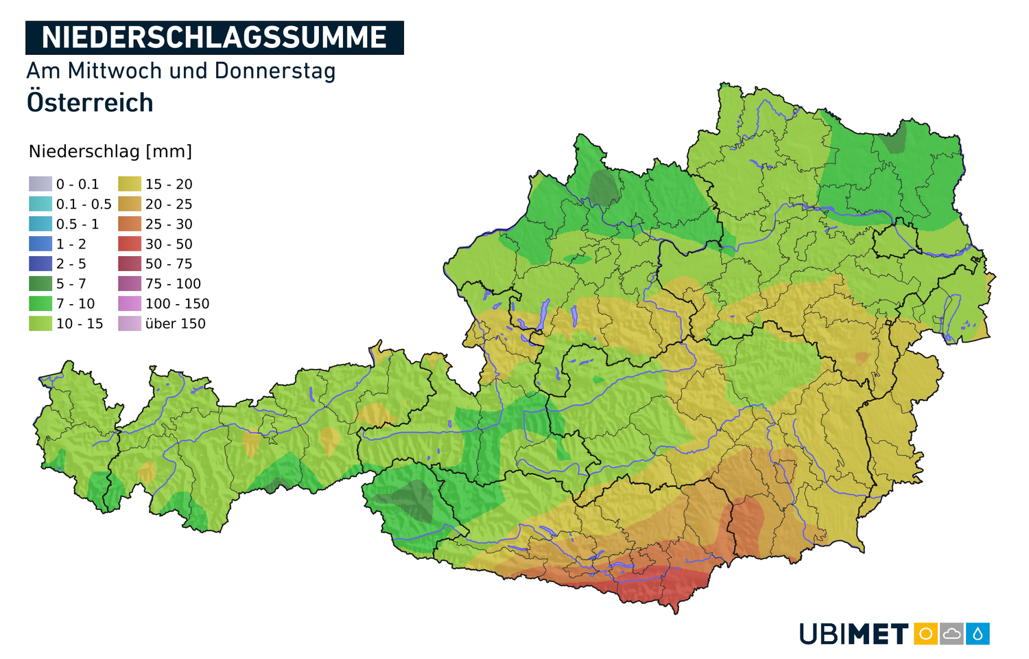 Prognostizierte Niederschlagssumme am Mittwoch und Donnerstag.