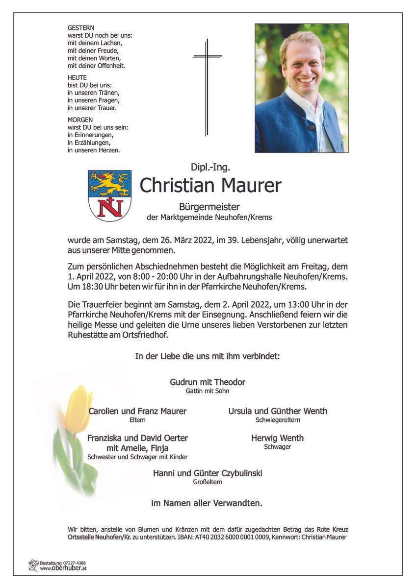 Christian Maurer starb am Samstag mit nur 38 Jahren.