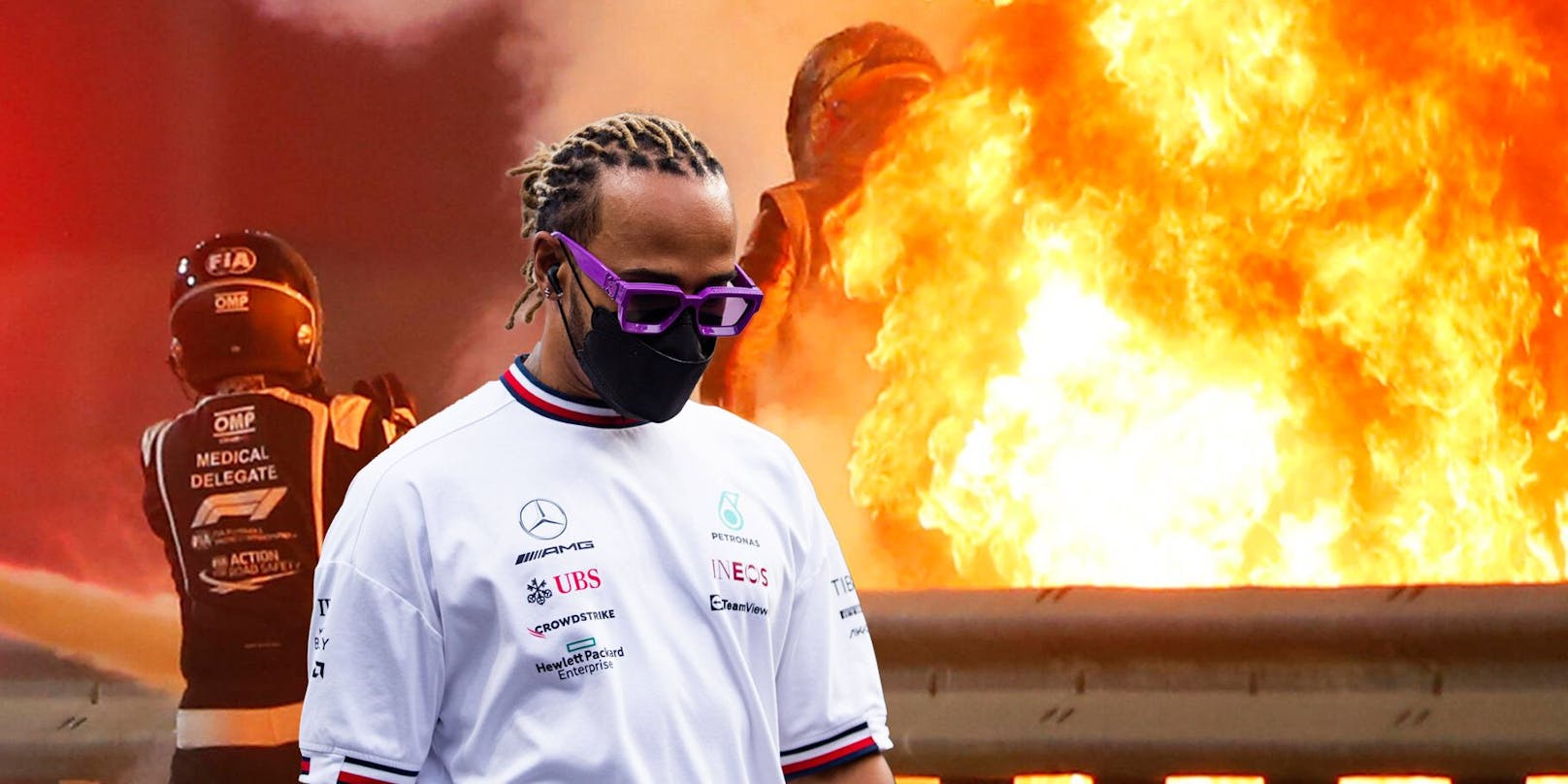 Im Hintergrund Romain Grosjean, der 2020 aus dem Feuer stieg. Vorne: Mercedes-Star Lewis Hamilton.