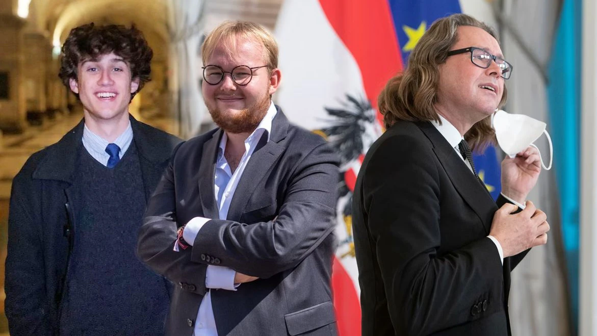 Miles Schäfer (18, AKS), Elias Fuhrer (21, BSV), Bildungsminister Martin Polaschek