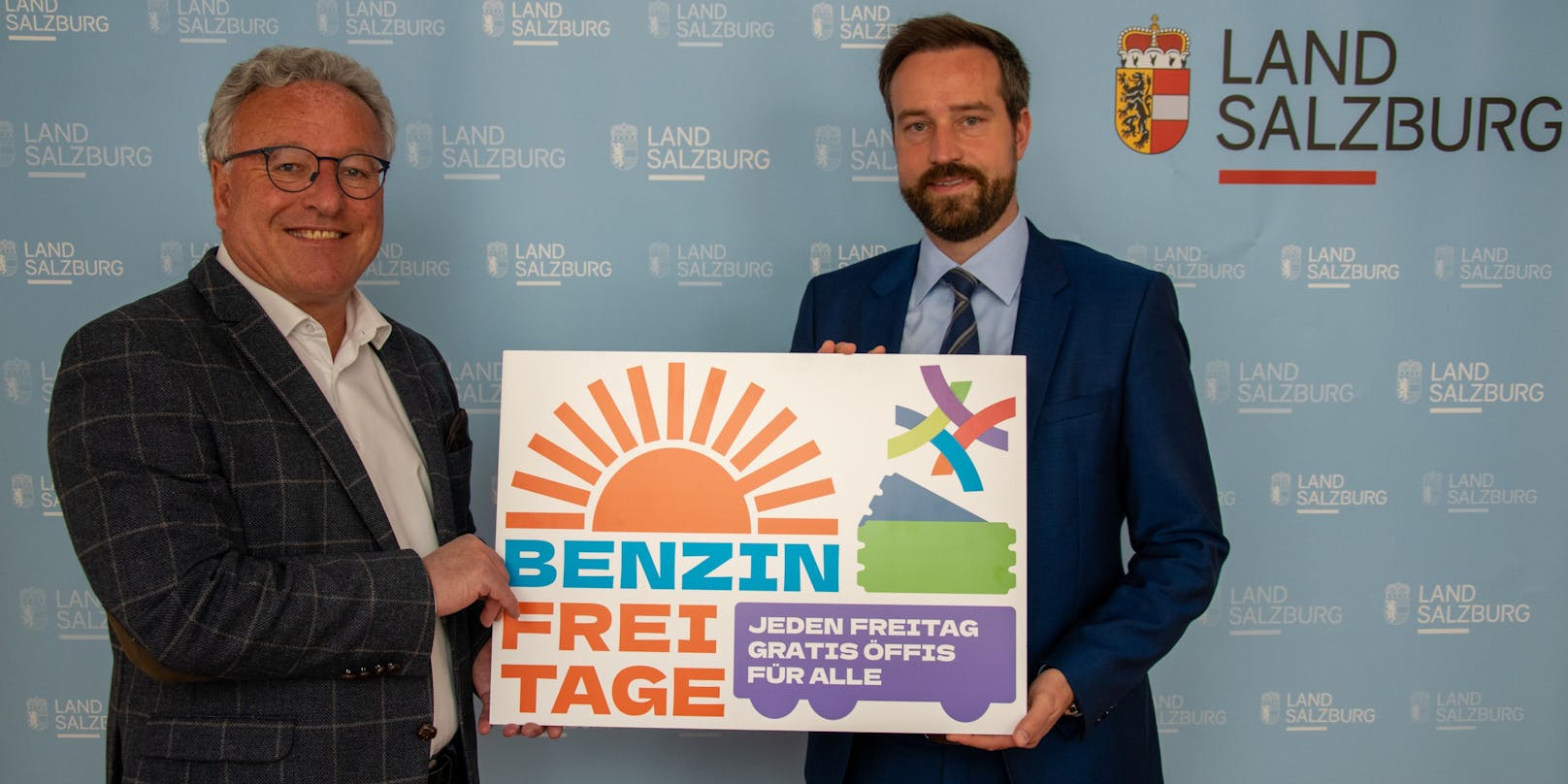 Landeshauptmann-Stellvertreter Heinrich Schellhorn und Landesrat Stefan Schnöll präsentieren die "Benzin-Frei-Tage".