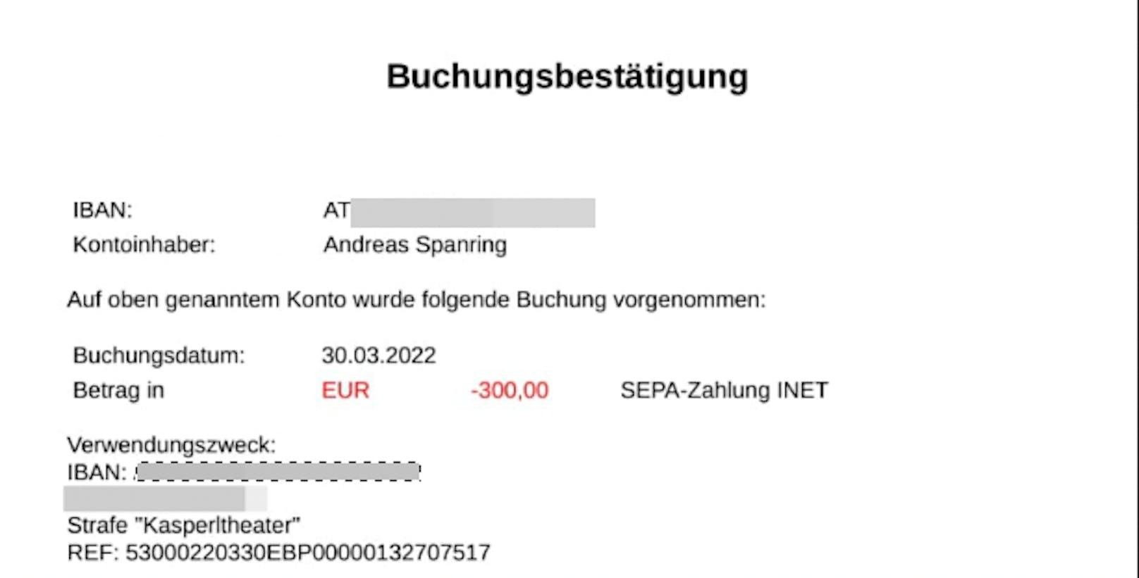 Buchung: 300 Euro minus auf Spanrings Konto