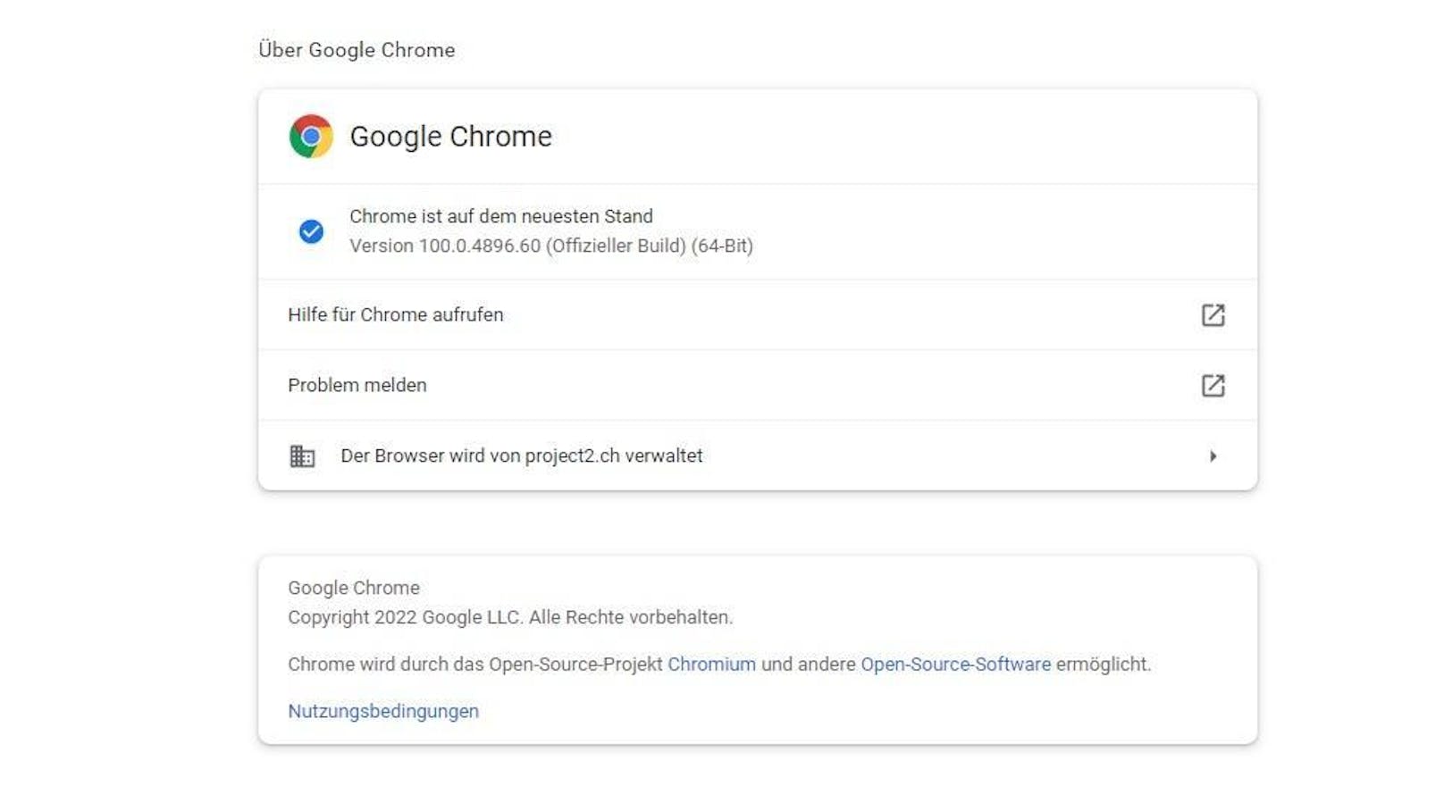 Danach wird die neueste Chrome-Version (100.xx) heruntergeladen und installiert.