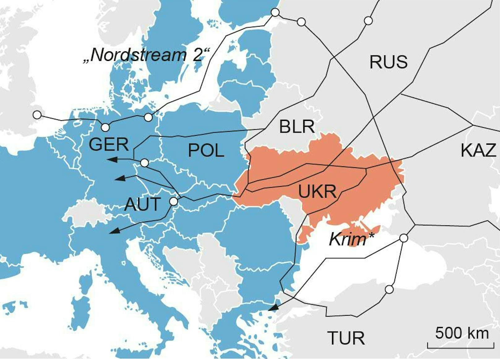 Wichtige Erdgas-Pipelines von Russland nach Europa.