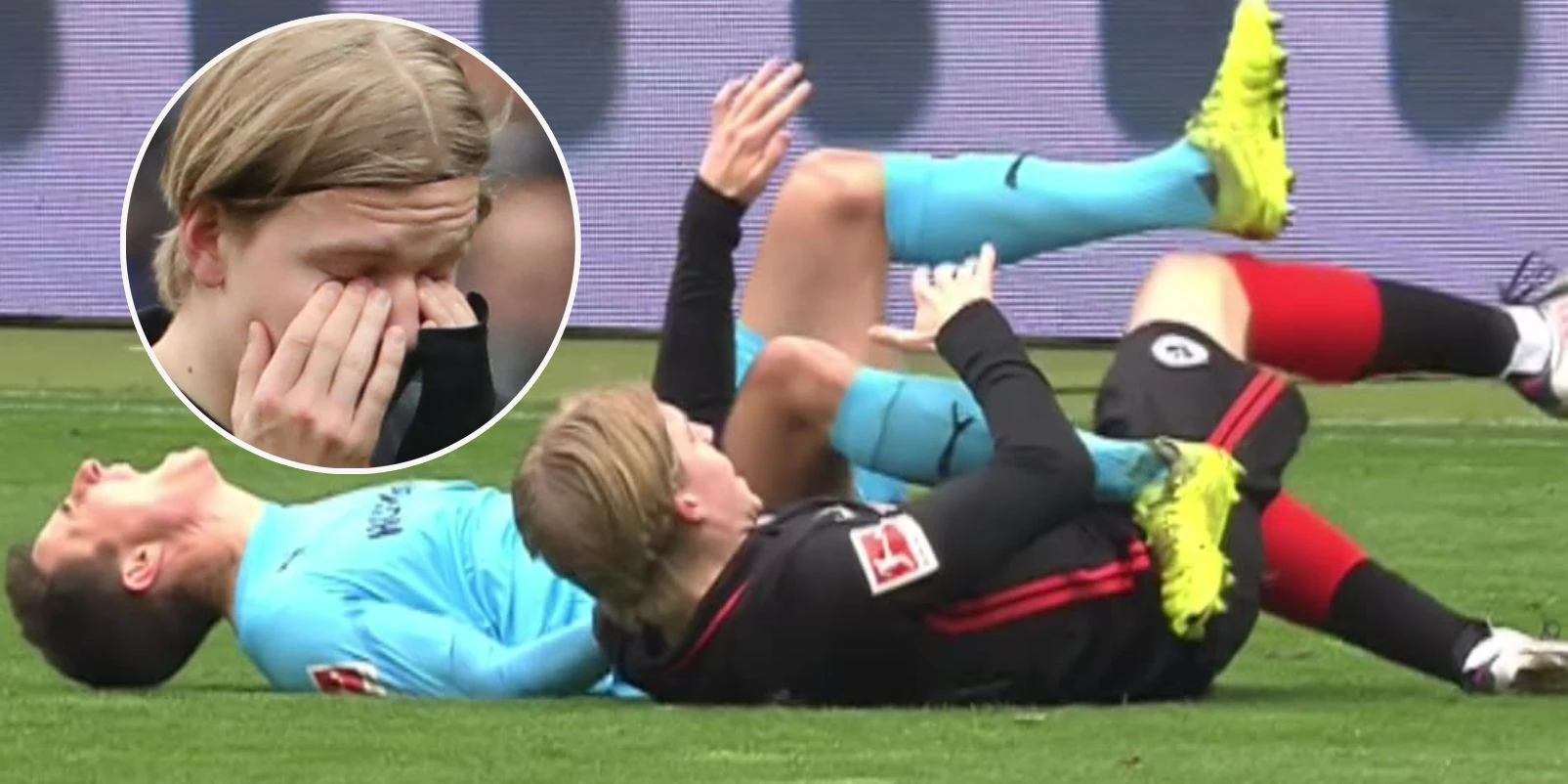 Marco Meyerhöfer verletzt sich schwer. Sein Fuß verdreht sich unnatürlich. Gegenspieler Jens Petter Hauge bricht in Tränen aus.