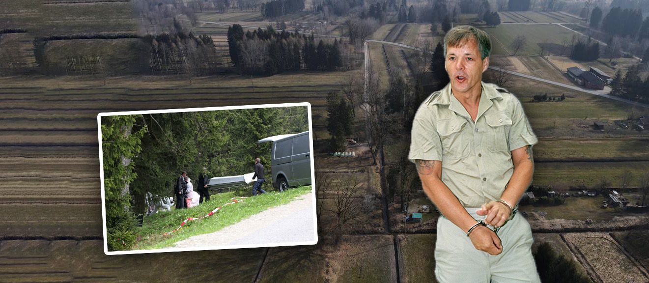 Fundort der Frauenleiche (Hintergrund) unweit von gefundenem Unterweger-Opfer, Bestatter bei der Arbeit (Symbol).