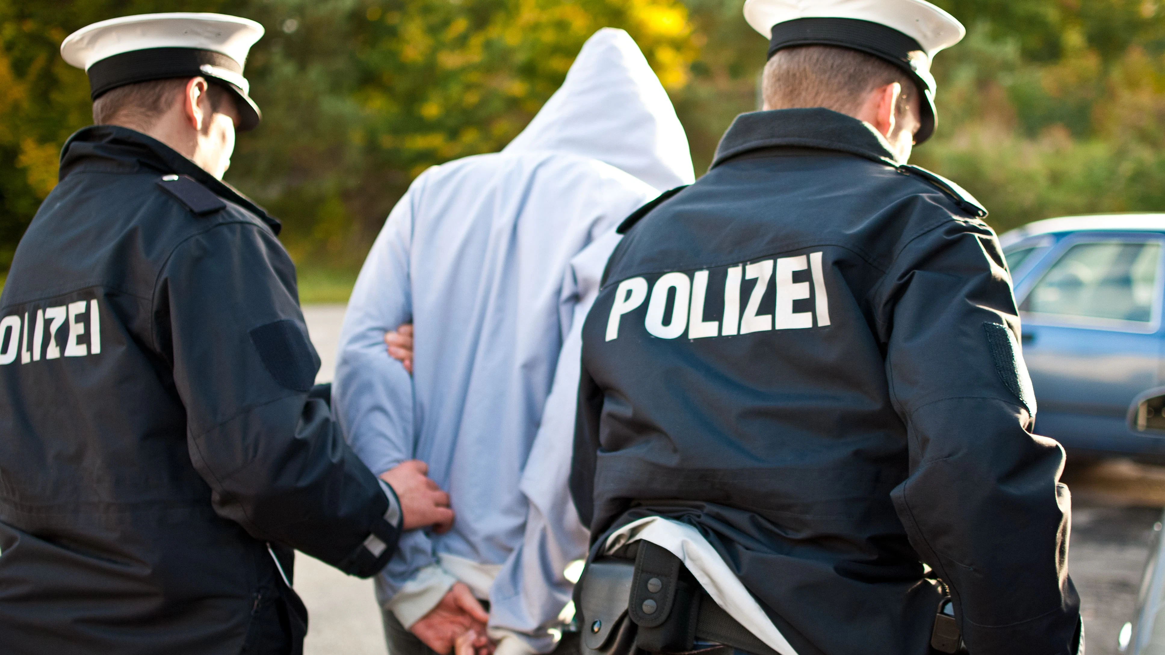 Two police officers are frogmarching a criminal with a mask.
