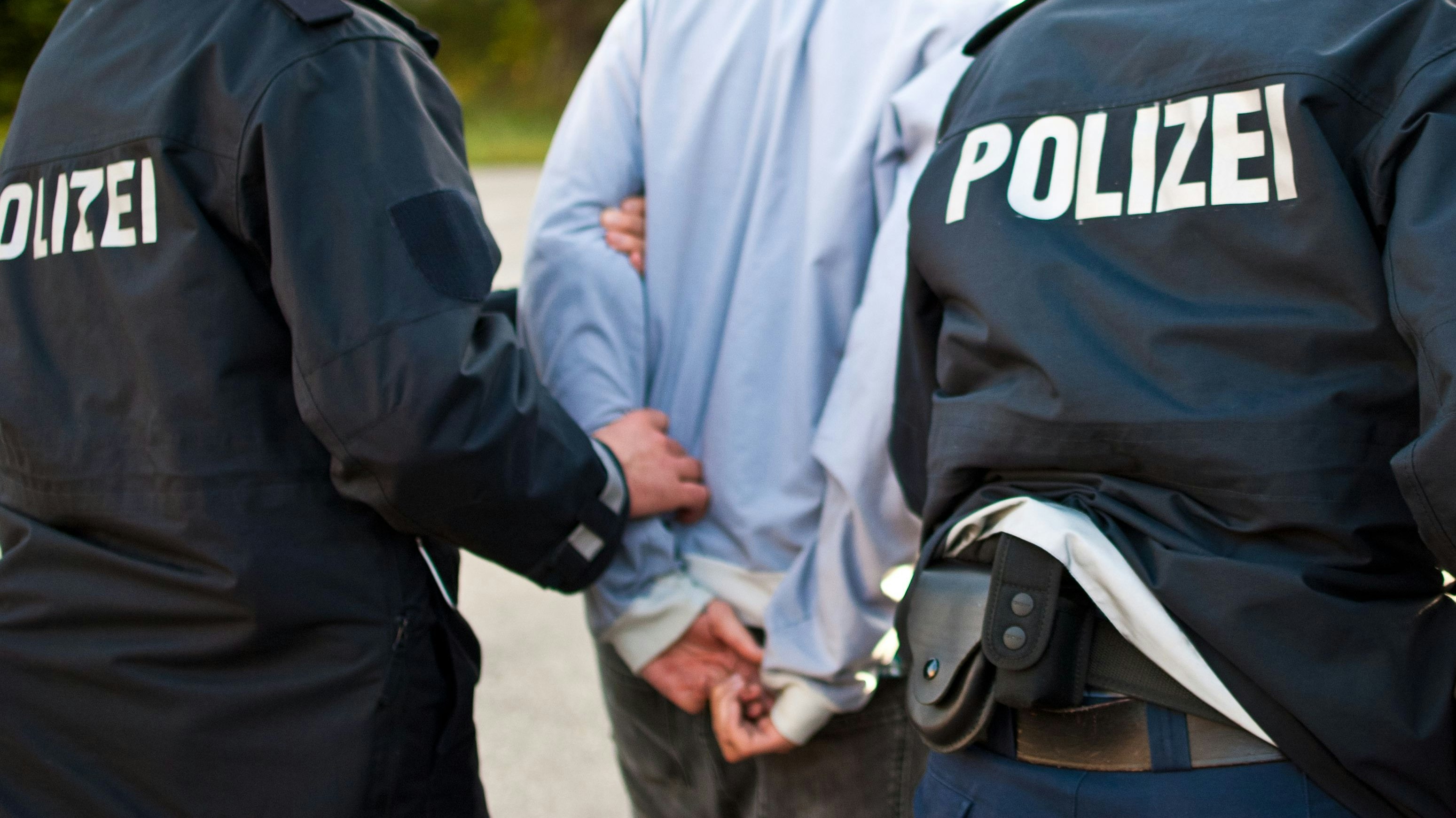 Two police officers are frogmarching a criminal with a mask.