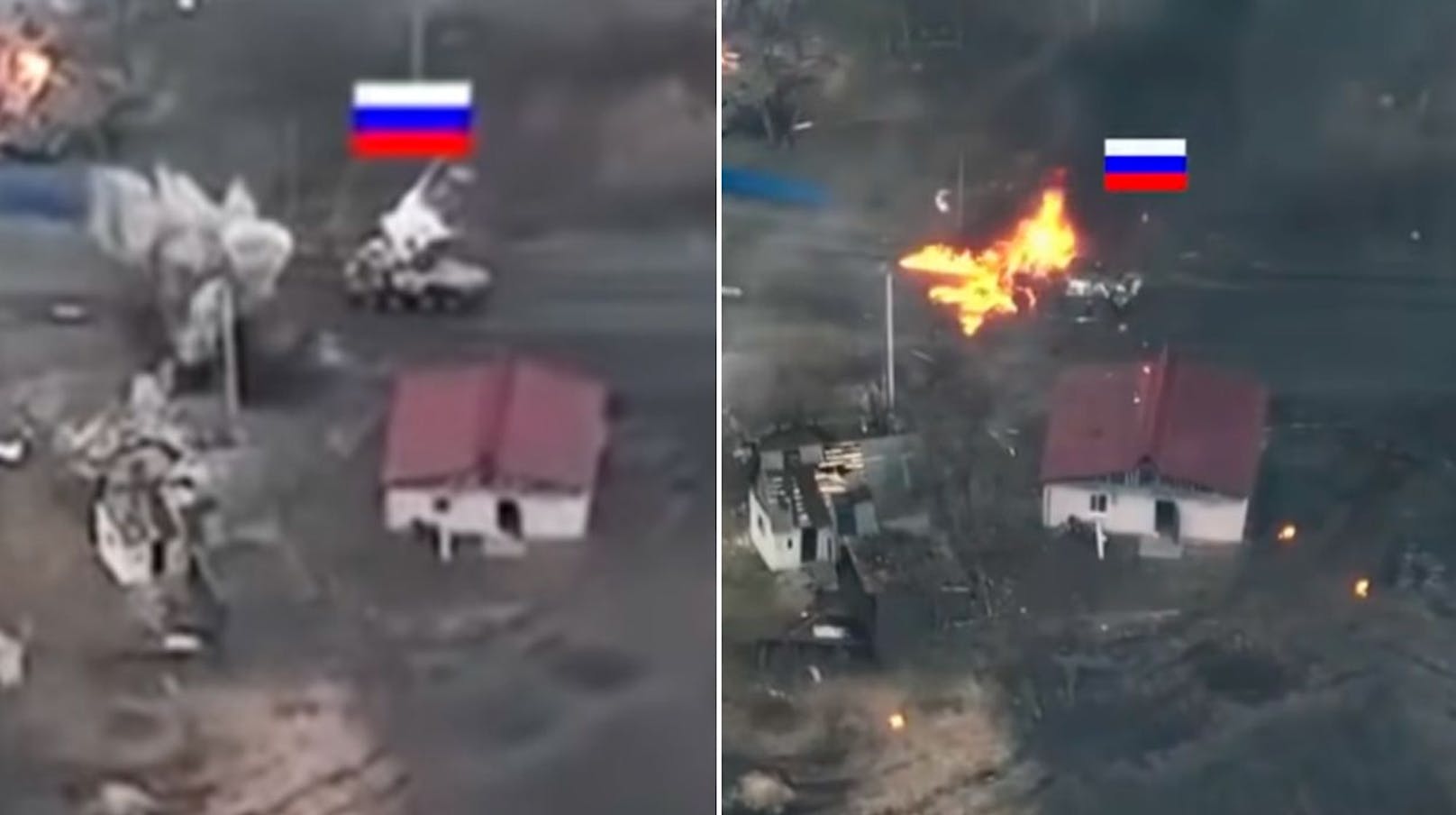Der zweite Schuss trifft, kurz darauf steht der russische Radschützenpanzer in Flammen.