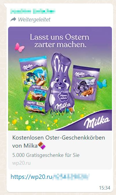 So sehen die Betrugsnachrichten mit dem Fake-Milka-Gewinnspiel aus.