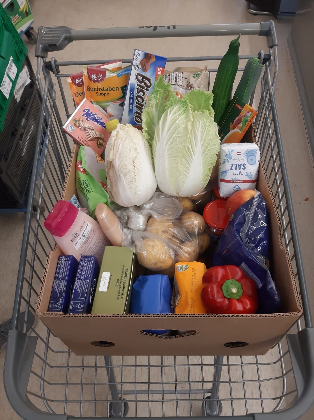 Der Einkauf für einen zwei-Personen-Haushalt zusammengestellt von den Vinzi-Mitarbeiterinnen. 