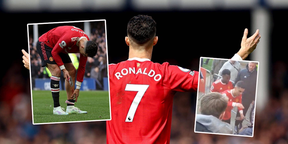 Cristiano Ronaldo ärgert sich über die Niederlage und das blutige Bein, schlägt dann einem Kind das Handy aus der Hand.