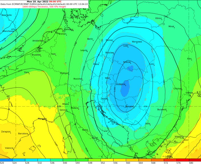 Auf der Höhenwetterkarte vom heutigen IFS-Lauf sieht man am Ostermontag ein Osterei (Höhentief).