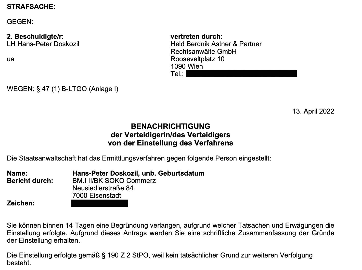 Dieses Schreiben ging Doskozils Anwalt nun zu.