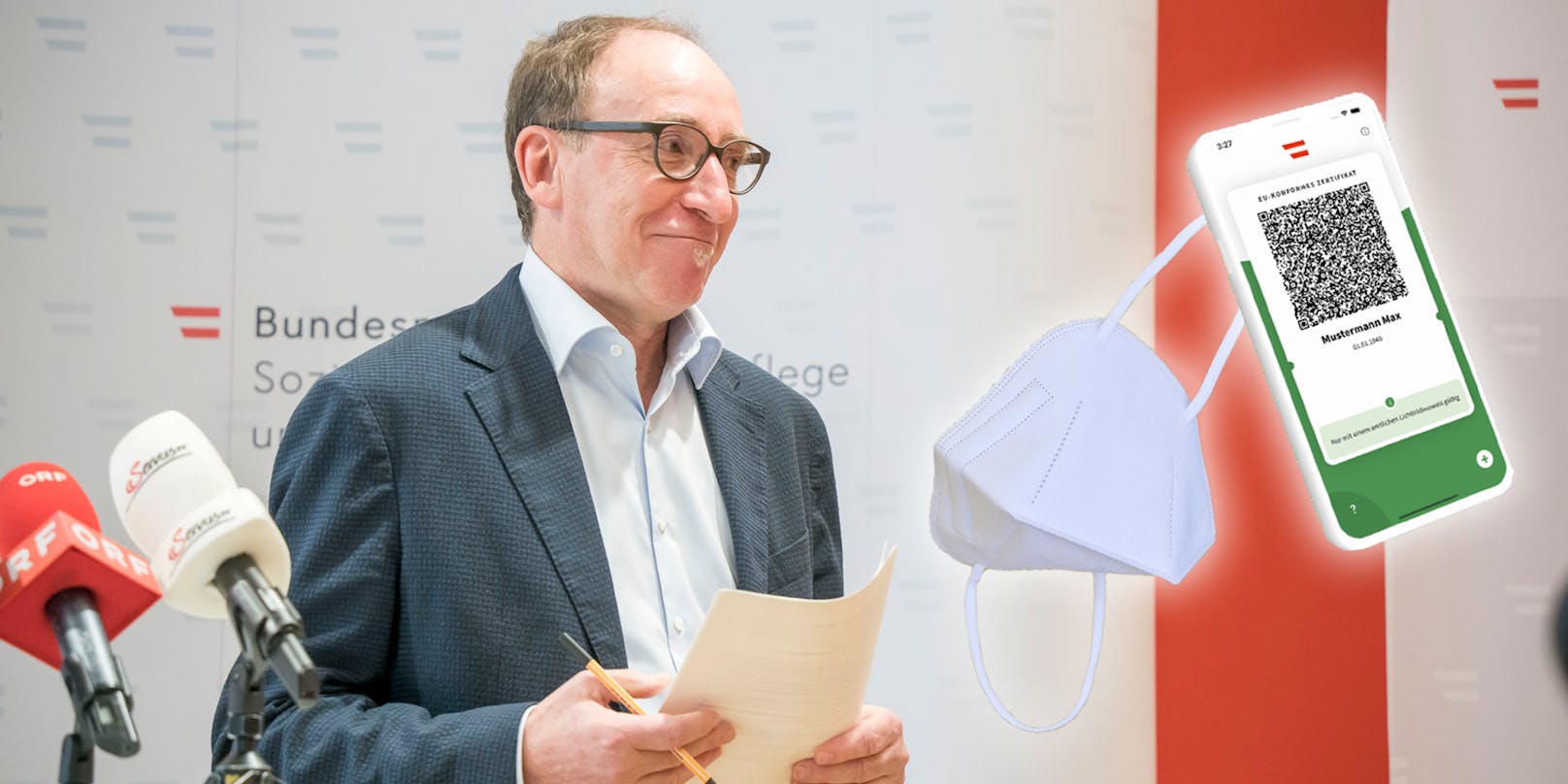 Die neuen Regeln in der Hand – Gesundheitsminister Johannes Rauch präsentierte, was ab Samstag in Sachen Masken, Grüner Pass und Co. gilt.