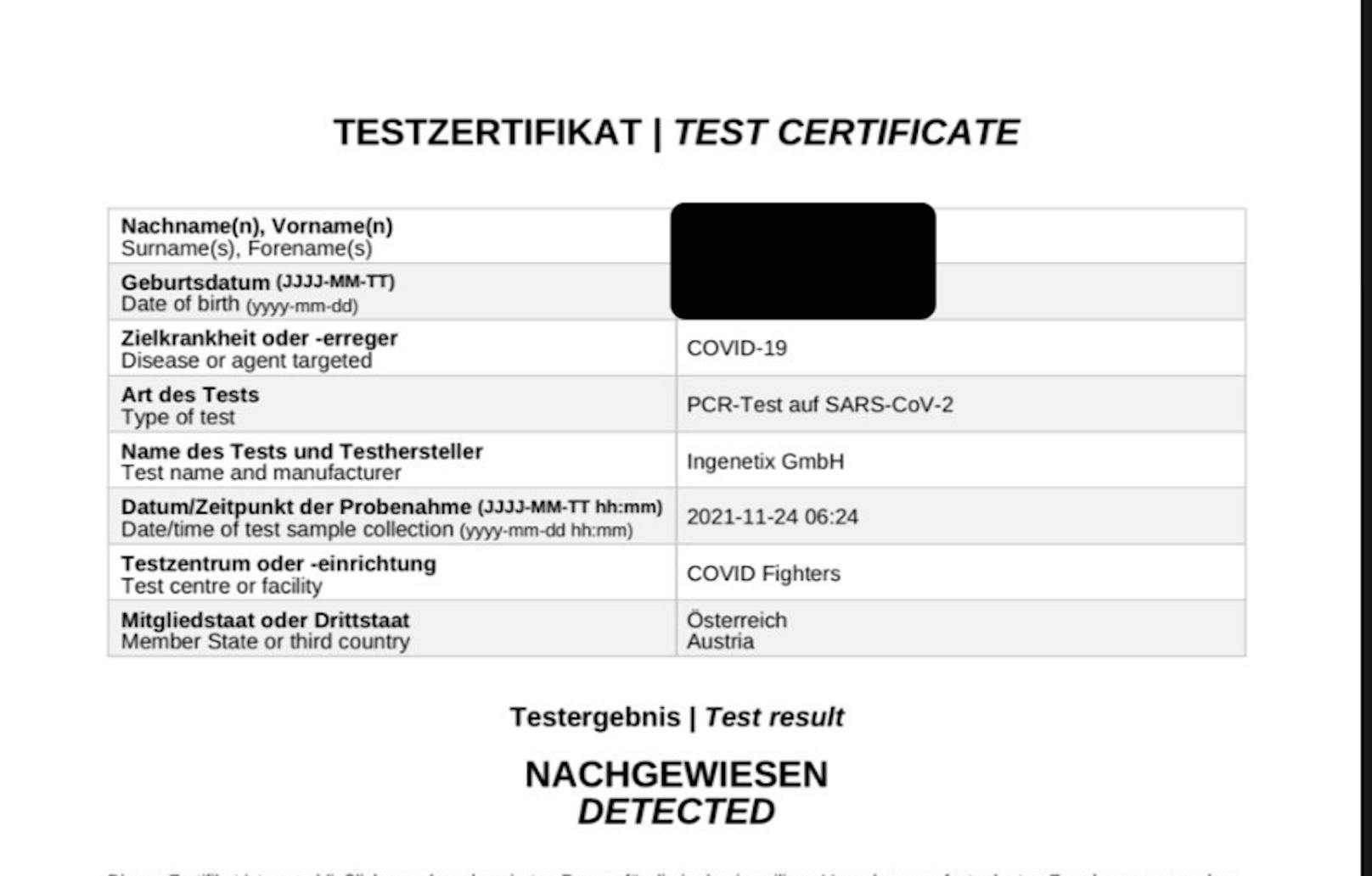 Der Covid-Test (positiv) des Partners.