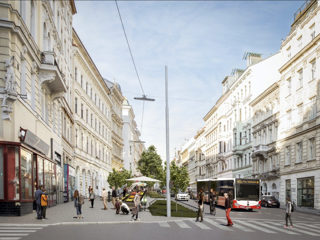 Visualisierung der Umgestaltung und des Ruth-Klüger-Platzes auf der Burggasse in Wien-Neubau.