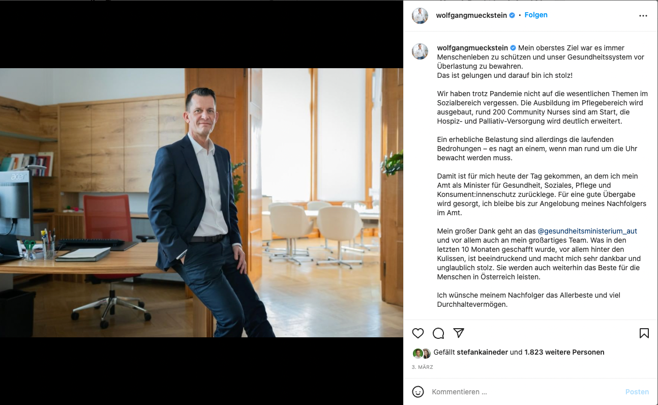 Das letzte Foto von Mückstein im Ministerbüro.