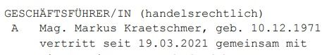 Im Firmenbuchauszug der gemeinsamen Gesellschaft ist Markus Kraetschmer noch als Geschäftsführer eingetragen. 