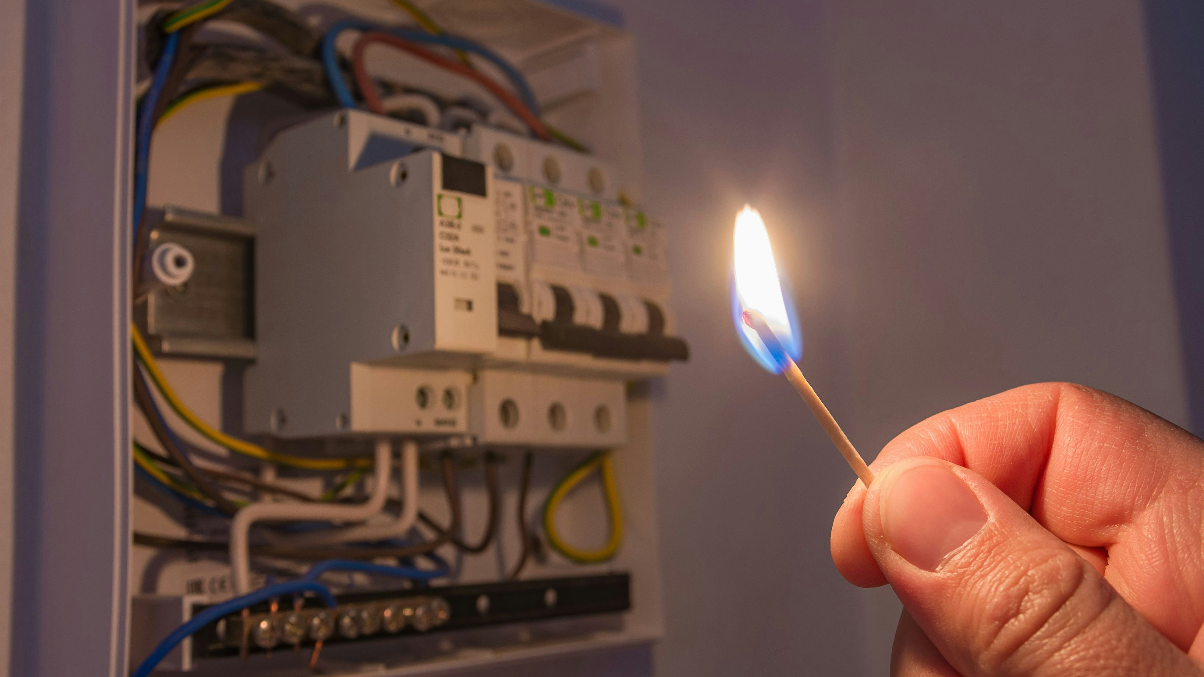 Blackout or power outage,  concept image. Person's hand in complete darkness holding a burning matchstick to investigate a home electricity fuse box.