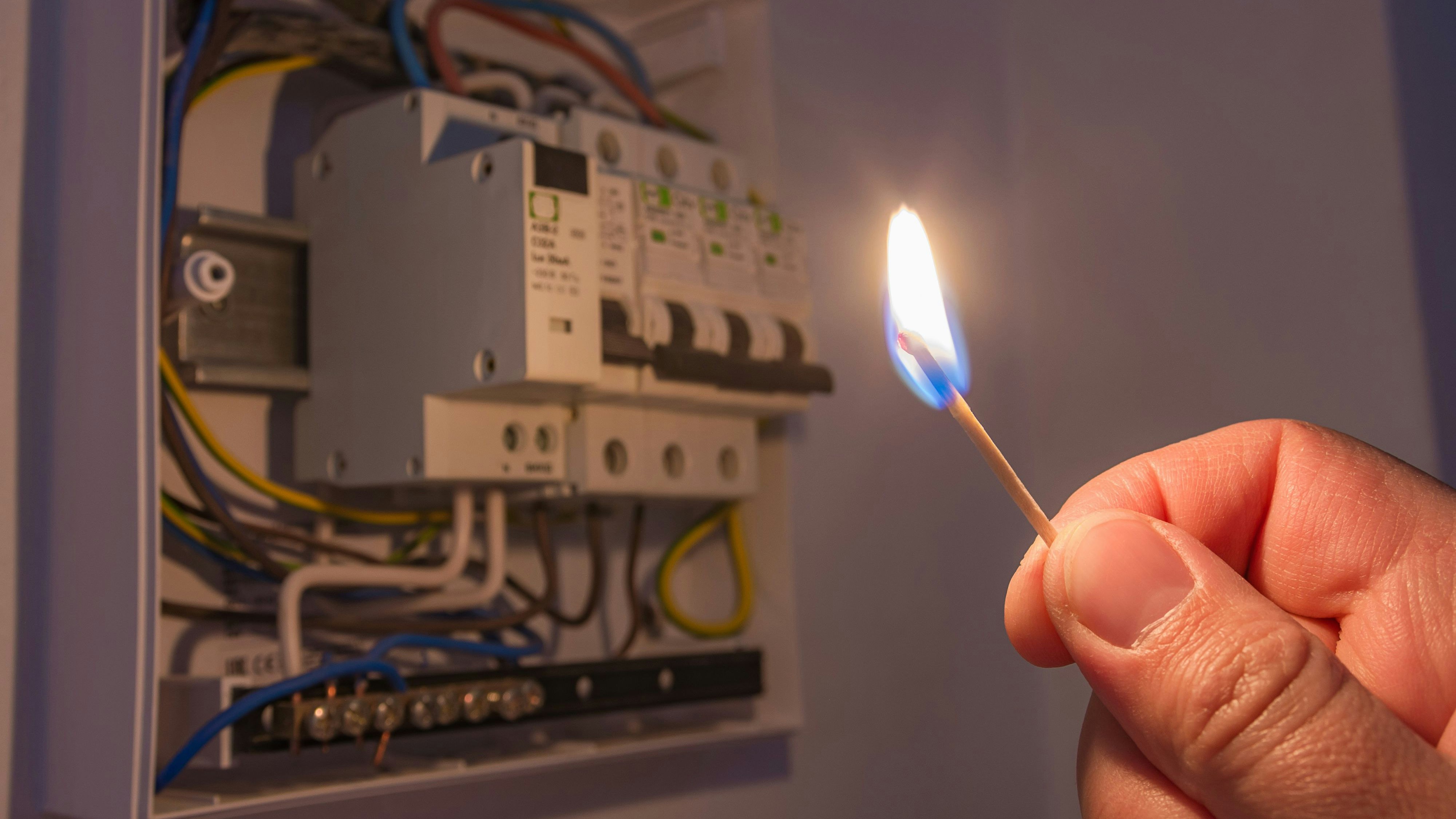 Blackout or power outage,  concept image. Person's hand in complete darkness holding a burning matchstick to investigate a home electricity fuse box.