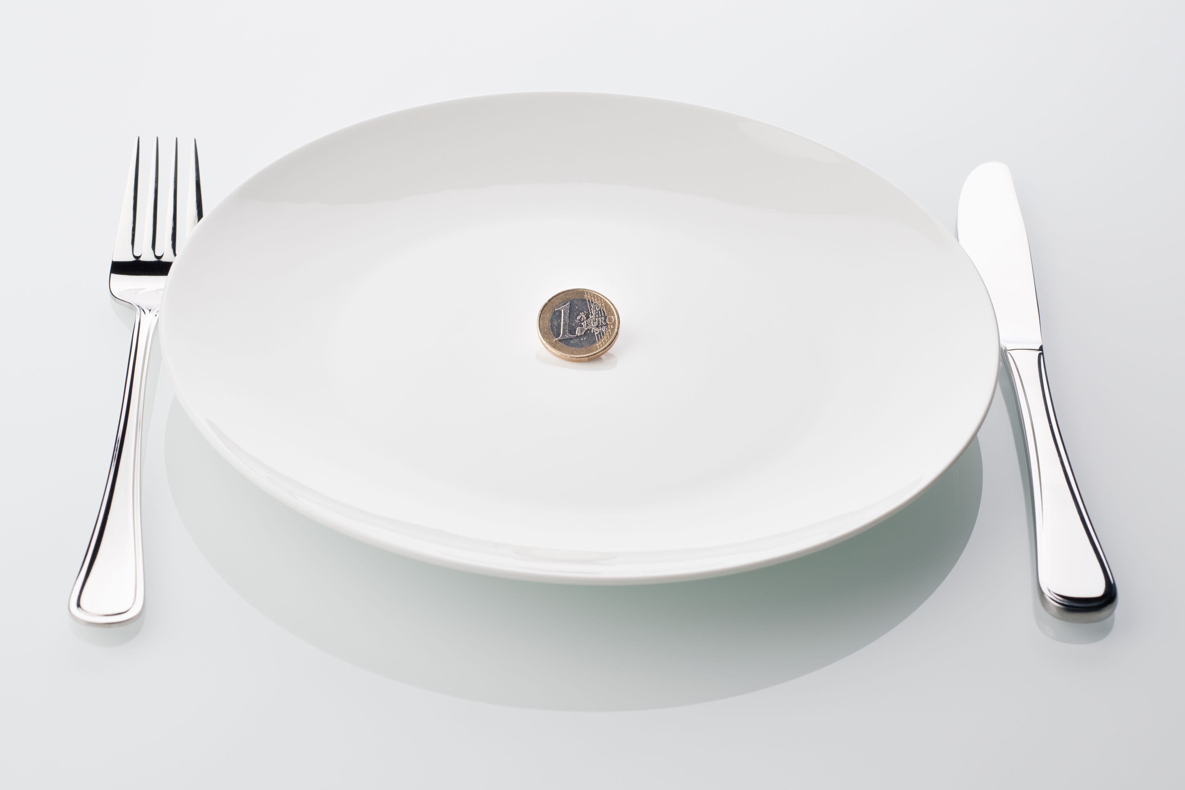 one euro coin on empty white plate, symbol for crisis, on white background