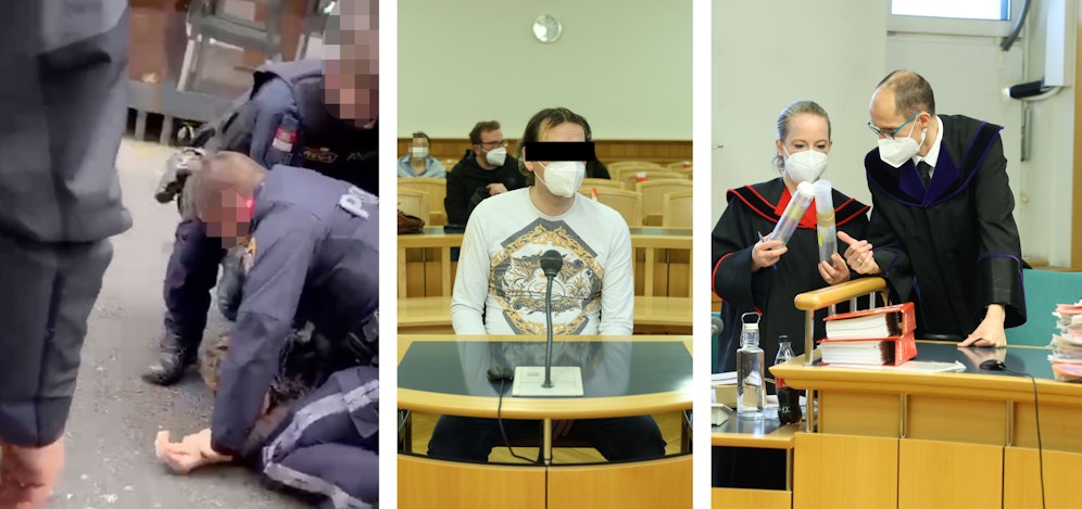 Die Festnahme nach dem Messerangriff, der Angreifer (m.) und die Tatwaffen vor Gericht (r.)