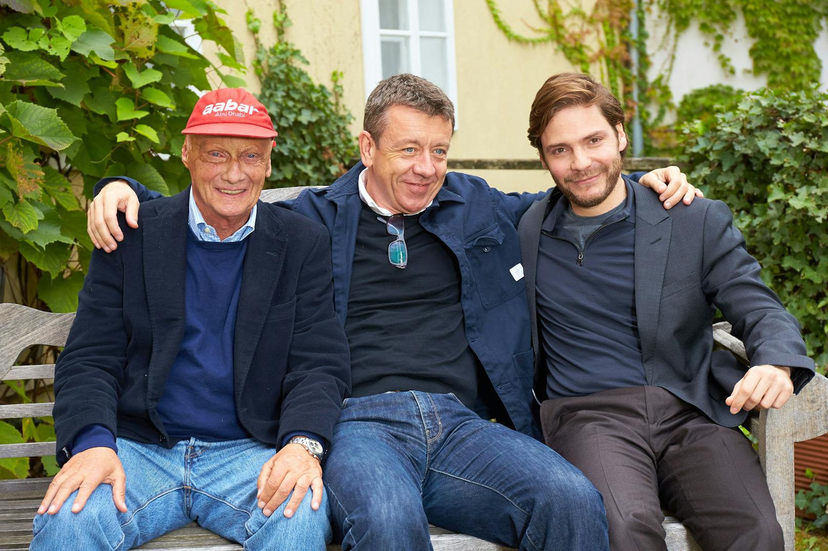 Niki Lauda, Peter Morgen, Daniel Brühl zum Start ihres gemeinsamen Films "Rush" (2013)