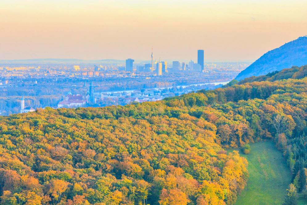 Blick von den Wiesen oberhalb von Kritzendorf, Ortsteil von Klosterneuburg kurz vor Sonnenuntergang.